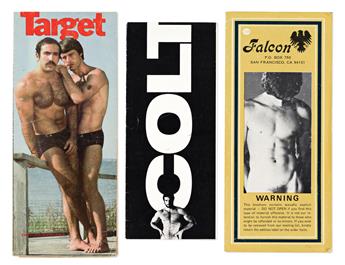 (GAY BEEFCAKE FLYERS - FILM/VIDEO) Group of over 200 promotional flyers, tear sheets, and brochures for mostly 1960s-90s videos, catalo